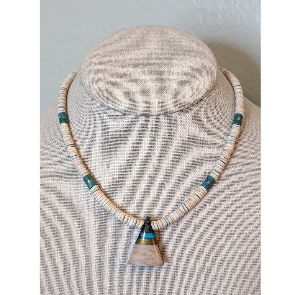 Vintage Native American Heishi Hook Closure Necklace W/ Triangular Inlay Pendant